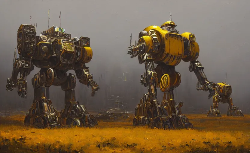 Image similar to an intricate oil painting of a giant armored plated metal mecha by simon stalenhag, rust, yellow and black trim, trending on artstation