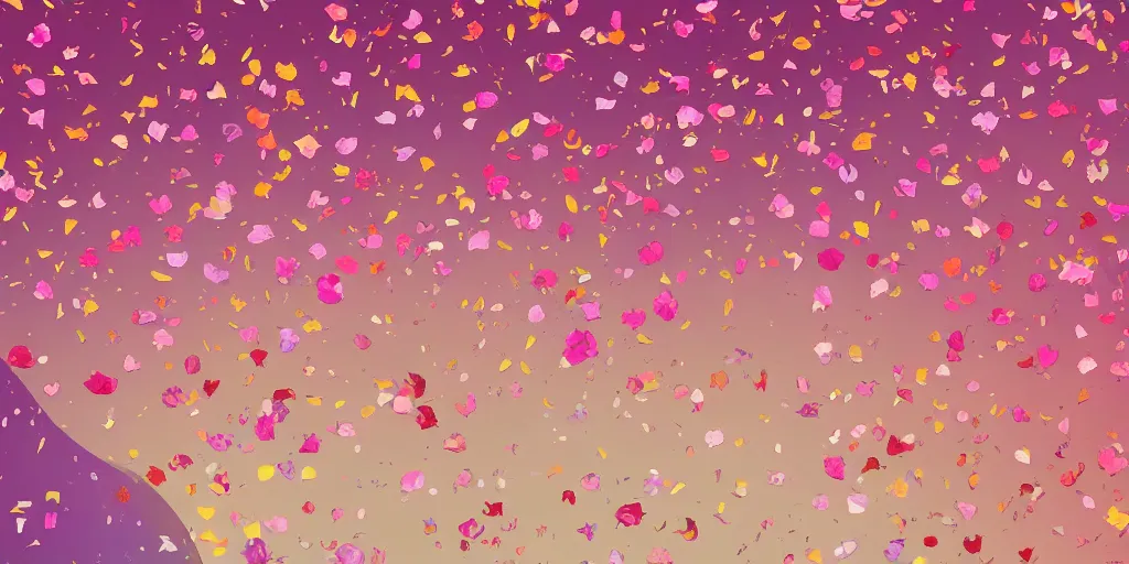 Prompt: background art of spaciously scattered flower petals flowing and flowing through the air from left to right on a simple sunset background, large individual rose petals, large triangles, polygonal fragments, anime, artgerm, manga, trending on artstation, art nouveau, mature color scheme