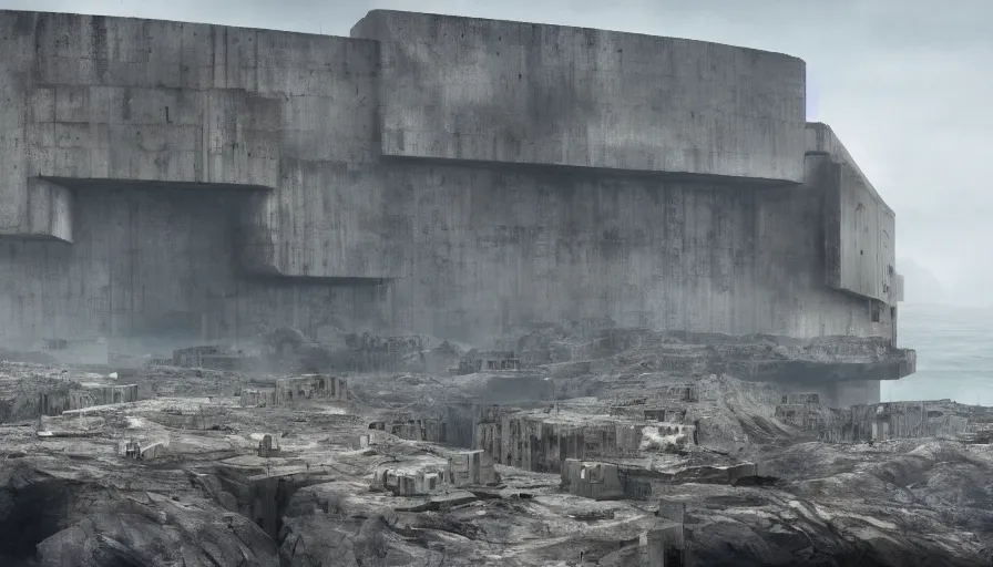 Image similar to big brutalist imperial military base on cliffs, drawing architecture, very long shot, top angle, imperial architecture in rogue one, pritzker architecture prize, brutalism architecture, jan urschel, greig fraser