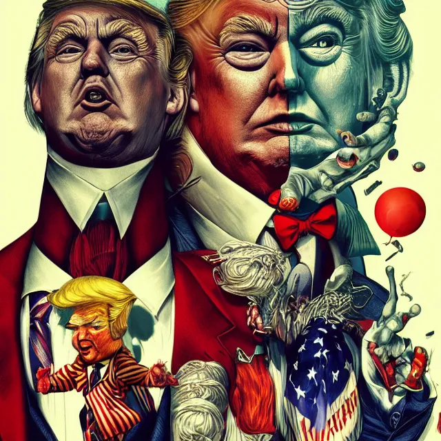 Prompt: donald trump is a disgusting clown, grotesque, horror, high details, intricate details, by vincent di fate, artgerm julie bell beeple, inking, vintage 9 0 s print, screen print