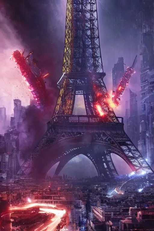 Image similar to paris cyberpunk attacked by aliens, lots of explosions and destroyed building, realistic, high definition, many details, dramatic scene, detailed and realistic hands, symmetrical face, realistic eyes, art of Roland Emmerich