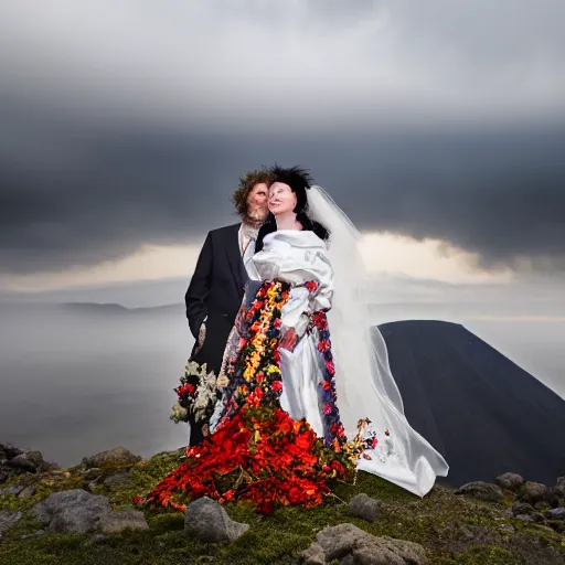 Image similar to bjork marrying bjork, at a volcano, professional wedding photography, 8 k photo