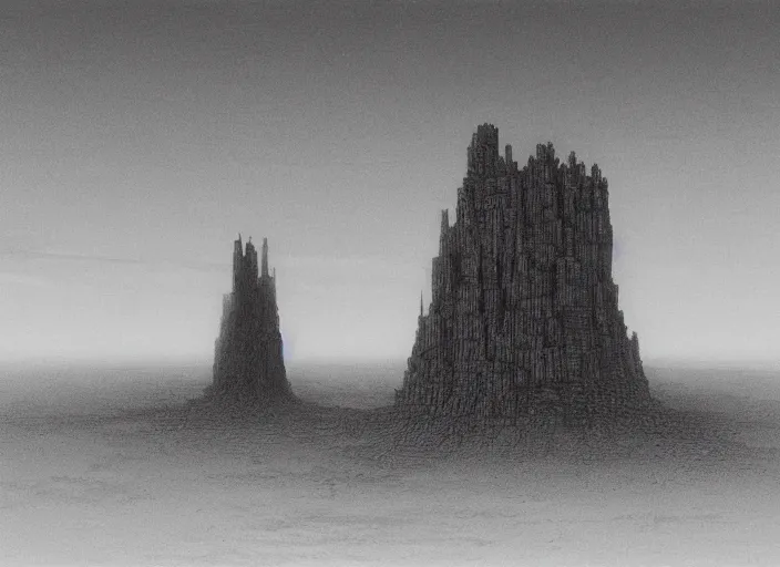 Prompt: a desolate vast infinite desert landscape with a lonely looming highly detailed greebled brutalist tower of babel monolith in the center, drawn by tsutomu nihei and painted by zdzislaw beksinski