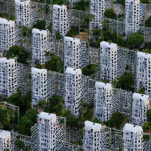 Image similar to multiple towers made up of squatter housing, sony a 7 r 3, f 2 2, fully frontal view, photographed by wolfgang tillmans, ultra detailed,