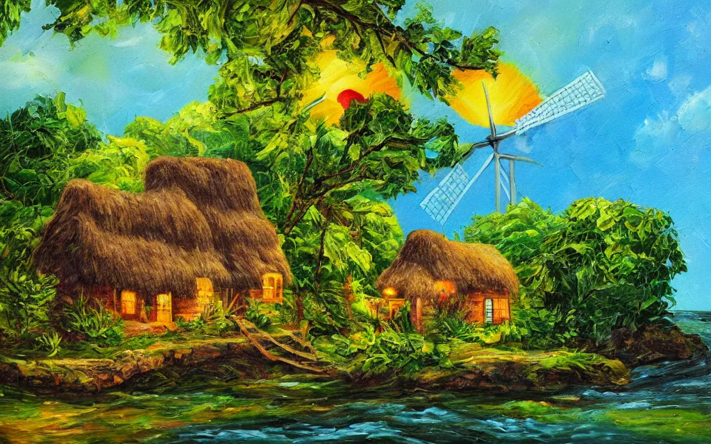 Image similar to a small island with a cozy cottage, tropical forest, river, waterfall, windmill, garden courtyard, sunset, puffy clouds, dynamic lighting, thick brush strokes oil impasto painting