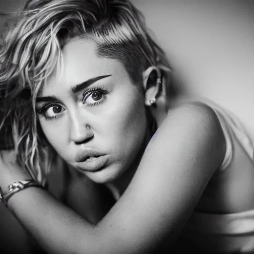 Image similar to Miley Cyrus in a dark room, movie still, photography, DSLR 35mm, low light photography, sadness