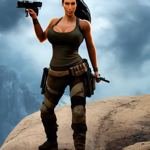 Prompt: Kim kardashian as lara croft, wide shot, tight outfit curves, realistic, 8k resolution, hyperdetailed, highly detailed, real life, studio lighting, high quality, photo