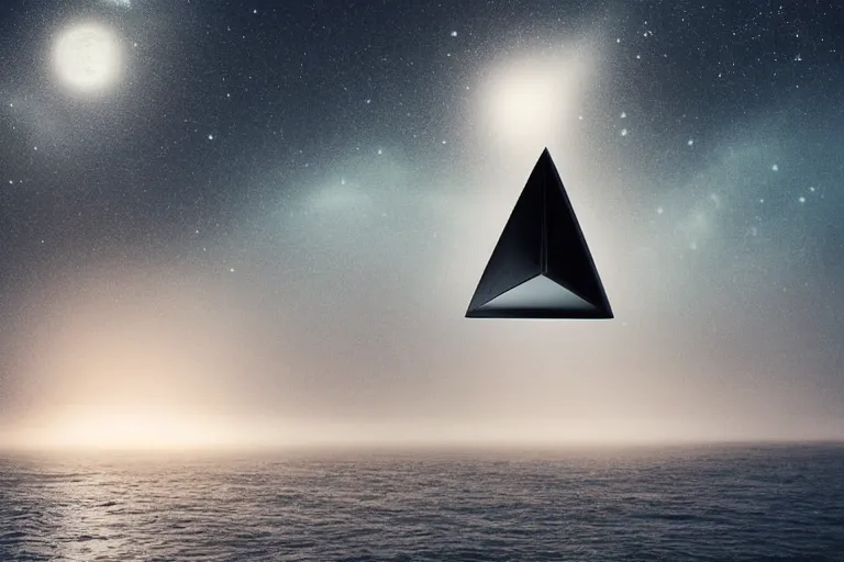 Image similar to a black triangular spaceship hovering over the ocean, near the beach, night time, volumetric fog, starry night, ominous