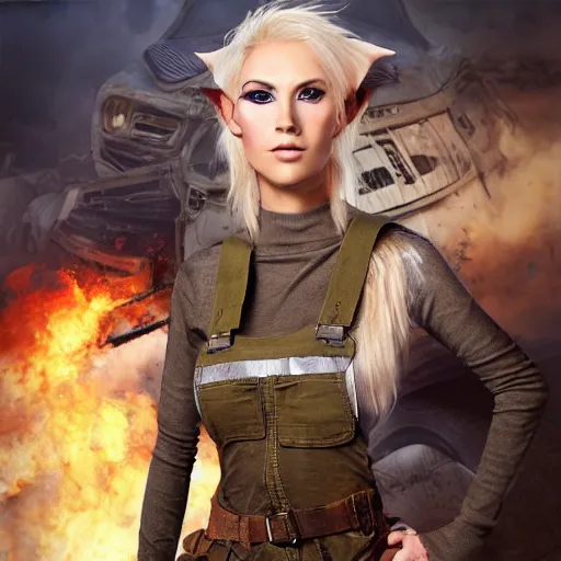 Image similar to close up headshot of a skinny female high-fantasy elf with a long face narrow chin and short spiky blonde hair wearing dark brown overalls and holding a bomb next to a destroyed car, gel spiked blond hair,narrow lips, high resolution film still, HDR color, painting by artgerm