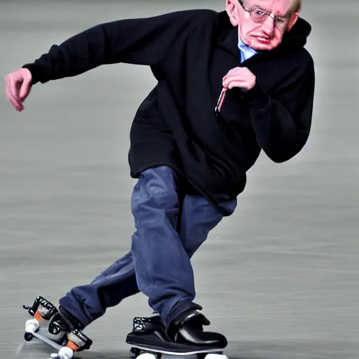 Image similar to Stephen Hawking in supreme hoodie, skating in haven