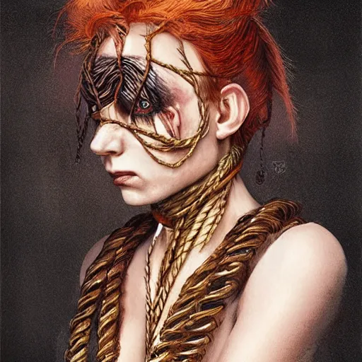 Image similar to portrait of a Shibari rope wrapped face and neck, headshot, insanely nice professional hair style, dramatic hair color, digital painting, of a old 15th century, old cyborg merchant, amber jewels, baroque, ornate clothing, scifi, realistic, hyperdetailed, chiaroscuro, concept art, art by Franz Hals and Jon Foster and Ayami Kojima and Amano and Karol Bak,