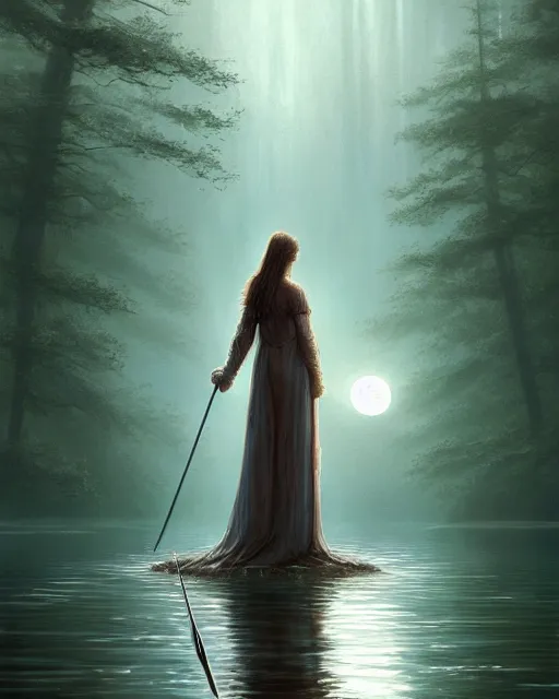 Prompt: 'lady of the lake' raising excalibur in the middle of a lake under a giant full moon, rippling reflections, trees and falling leaves, art by Raymond Swaziland and Greg Rutkowski, D&D, high fantasy, romantic, highly detailed, digital painting, trending on artstation, concept art, golden ratio, sharp focus, masterpiece