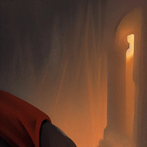 Image similar to Close-up of a terrified catholic priest in his twenties at the top of a medieval tower watching as an ominous yellow shadow descends upon him from the night sky. Dramatic lighting. Award-winning digital art, trending on ArtStation