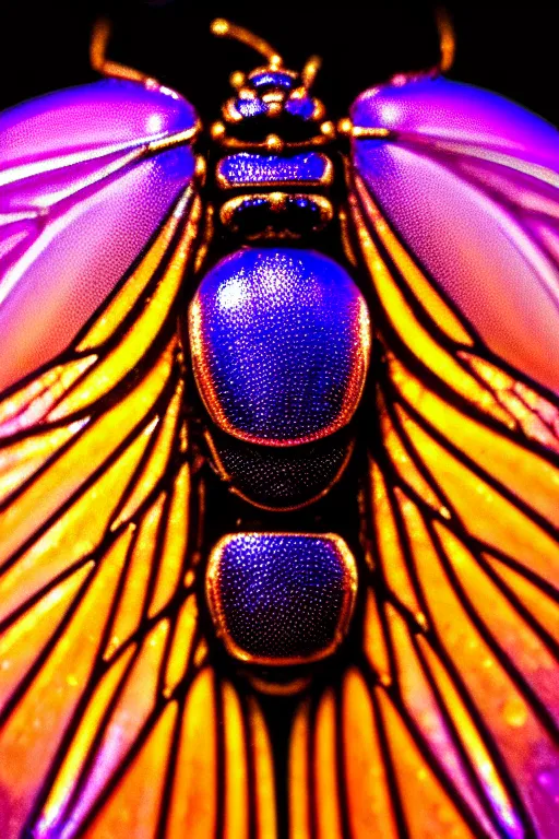 Image similar to high quality macro photo iridescent art nouveau fly! jeweled gorgeous! highly detailed digital art david ligare elson peter cinematic purple neon lighting high quality low angle hd 8k sharp shallow depth of field