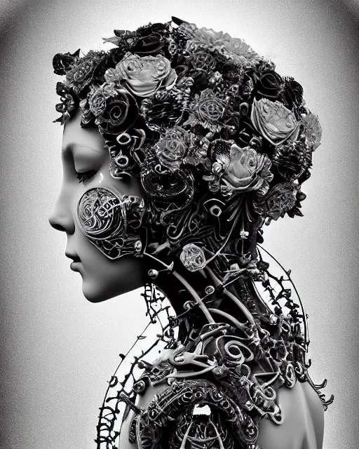 Image similar to mythical dreamy black and white organic bio-mechanical spinal ribbed profile face portrait detail of translucent steampunk beautiful siamese females angelic-human-queen-vegetal-cyborg, highly detailed, intricate trnaslucent ivy jelly ornate, poetic, translucent roses ornate, 3D render, digital art, octane render, 8K artistic photography, photo-realistic, by Dora Maar