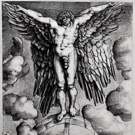Prompt: icarus went to close to the sun and now is falling into the void, his wings are made of heavy melting gold, he doesn't know how to land but he has nine lives, his face is similar to that of an angel, drawing by albrecht durer, insanely detailed