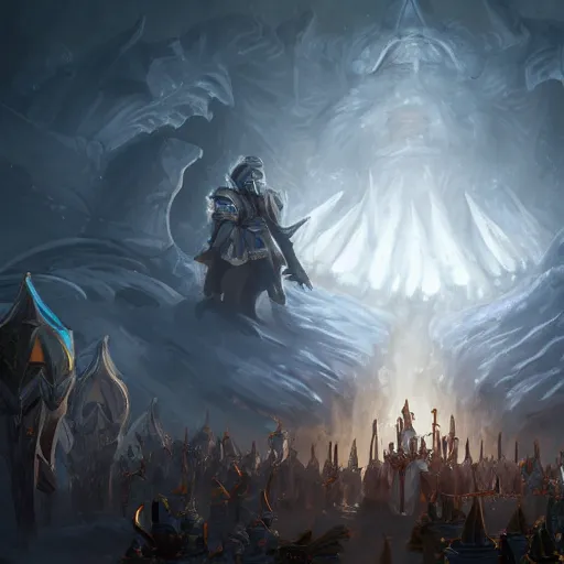 Image similar to a giant white chess knight piece, glowing chess knight, glowing chess knight, chess knight, chess knight, chess knight, battlefield background, bright art masterpiece artstation. 8 k, sharp high quality artwork in style of jose daniel cabrera pena and greg rutkowski, concept art by tooth wu, hearthstone card game artwork, chess knight