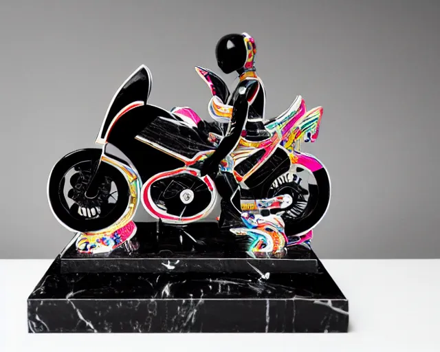 Image similar to extremely beautiful black marble statue with colorful japanese motorcycle logos in the style of fashion designer virgil abloh, sharp focus, clear, detailed,, cinematic, detailed, off white, glamourous, symmetrical, vogue, editorial, fashion, magazine shoot, glossy