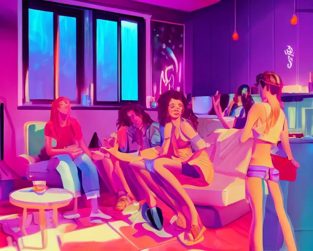 Prompt: a painting of a popular teenager hanging out with her friends at a super cool house party packed with other friends, synthwave, retrowave, synth, volumetric lighting, unreal engine, atmospheric, hip, cool, college party, arcade