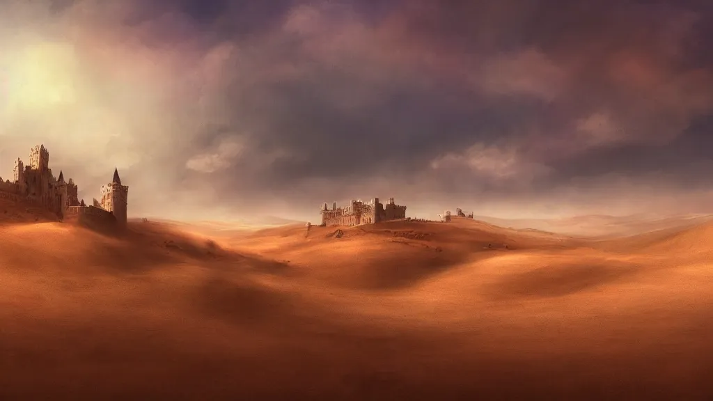 Prompt: large castle among sand dunes, sand storm, red sand, Game of Thrones, volumetric lighting, fantasy artwork, very beautiful scenery, very realistic painting effect, hd, hdr, cinematic 4k wallpaper, 8k, ultra detailed, high resolution, artstation