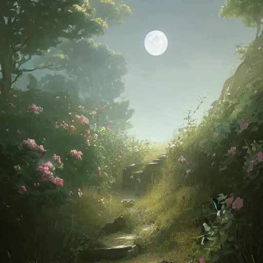 Prompt: a beautiful painting of the moon fell into the blue roses bushes, greg rutkowski style, trending on artstation, - w 1 0 2 4