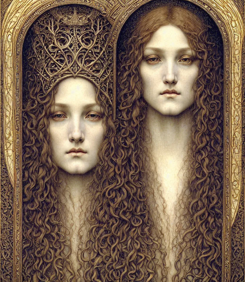 Image similar to detailed realistic beautiful young medieval queen face portrait by jean delville, gustave dore and marco mazzoni, art nouveau, symbolist, visionary, gothic, pre - raphaelite. horizontal symmetry