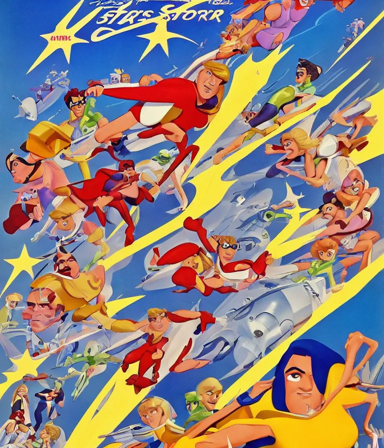 Image similar to Hannah Barbera cartoons of Five Star Stories as Whacky Races, promotional poster super detailed , xpensive production, realistic style, gouache colors, Hollywood retro cartoon poster, golden era of animation work