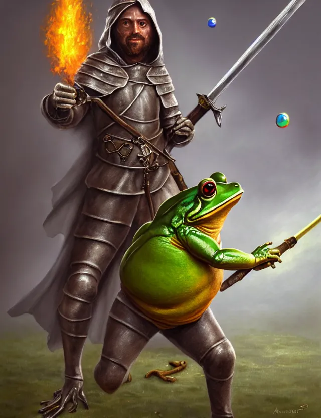 Prompt: anthropomorphic bipedal frog that is dressed as a medieval fighter, and wielding a club weapon, as a matte oil painting and d & d character art, by alex grey, standing, fullbody, floating bubbles, fog, mystic, concept art, award - winning, extremely detailed, sharp focus