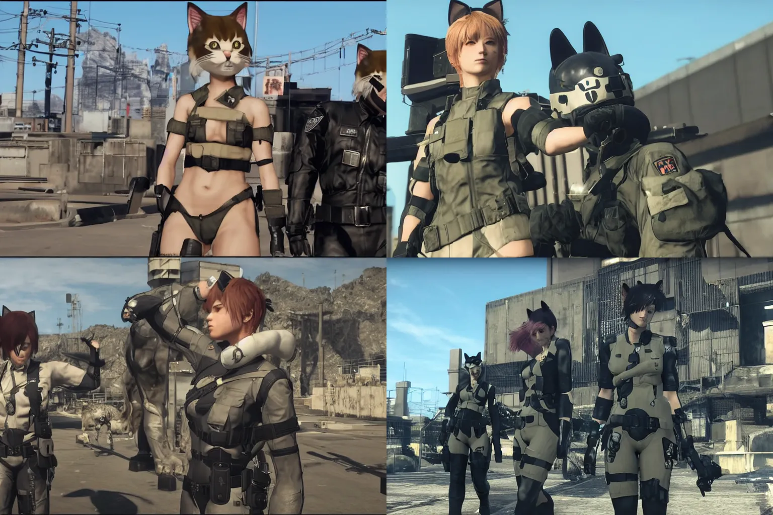 Prompt: catgirl officer with cat ears paying respects to her fallen comrades, screenshot from metal gear solid v : phantom pain, cinematic cutscene, medium shot, directed by hideo kojima, solemn, dramatic, high quality,