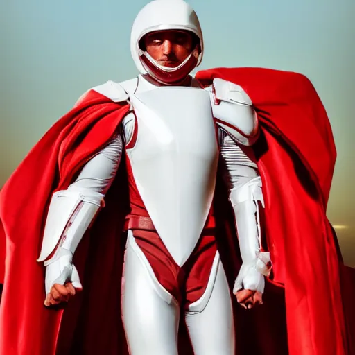 Image similar to headshot of a tall athletic muscular infantry man in glossy sleek white armor with tiny red details and a long red cape, heroic posture, strong jawline, on the surface of mars, night time, dramatic lighting, cinematic, sci-fi, hyperrealistic