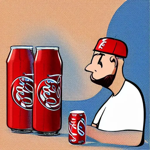 Image similar to An anthropomorphic can of coca-cola talking to an anthropomorphic can of pepsi cola, digital art, artstation