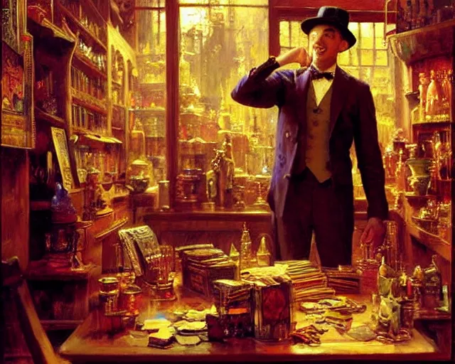 Image similar to attractive magician man, in magic shop. highly detailed painting by gaston bussiere, craig mullins, j. c. leyendecker