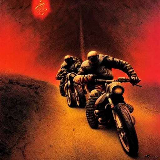 Prompt: motorbikers race in hell, by beksinski and tristan eaton, dark neon trimmed beautiful dystopian digital art