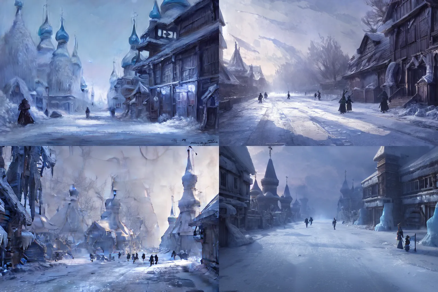 Prompt: the street of a frozen imperial russian warhammer village in ice that never the see the sun again, concept art by makoto shinkai and greg rutkowski, matte painting, trending on artstation