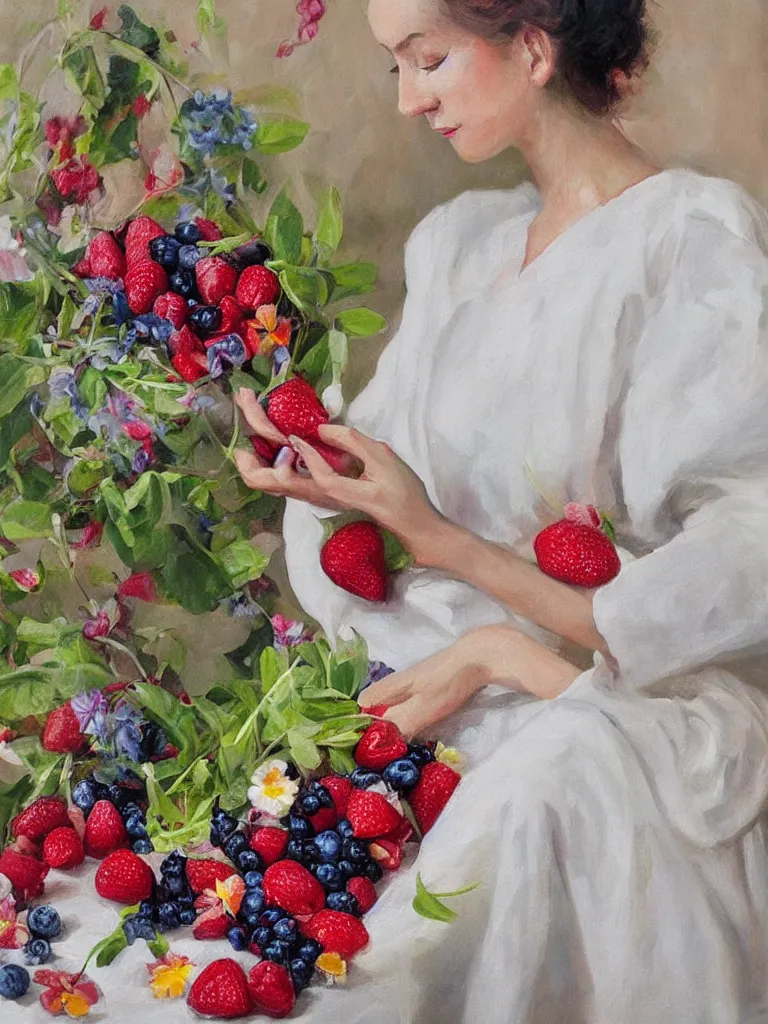 Prompt: “organic, portrait of a woman wearing white silk, neoexpressionist, eating luscious fresh raspberries and strawberries and blueberries, edible flowers”