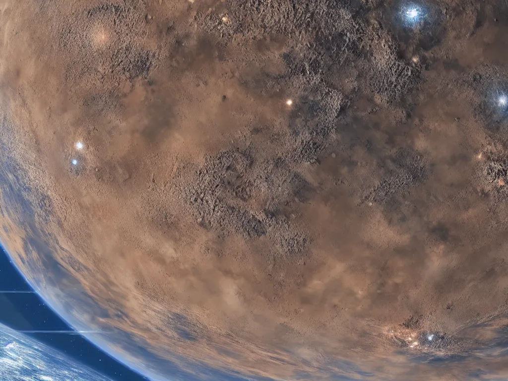 Image similar to a distant satellite photo of a brown dry planet with continents, floating like by nasa, in outer space with full planet in view, dusty unreal engine, hyperrealistic, deep color, Cryengine 8k UHD