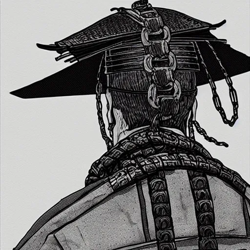 Image similar to A PORTRAIT FROM BEHIND OF A SAMURAI ,THE THE MAN IS WRAPPED IN CHAINS ,detailed, concept art, ink style , sketch