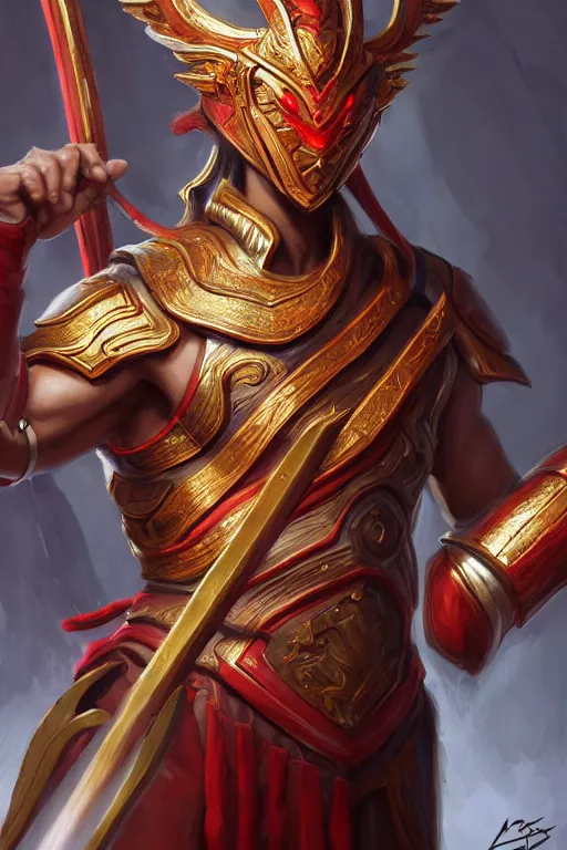 Image similar to a masterpiece portrait of nezha, legendary slim male god holding spear and red armor, bomb, fantasy character portrait, hyper detailed, digital painting, 8 k realistic, trending on artstation, sharp focus, dof, by fenghua zhong, artgerm, ne zha from smite, tsuyoshi nagano, flame everywhere