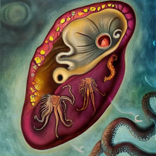 Prompt: whimsical imaginal cephalopods emerging like butterflys from a cocoon that looks like a photorealitic anatomical visceral human heart, in the surreal style of an oil painting by leonora carrington