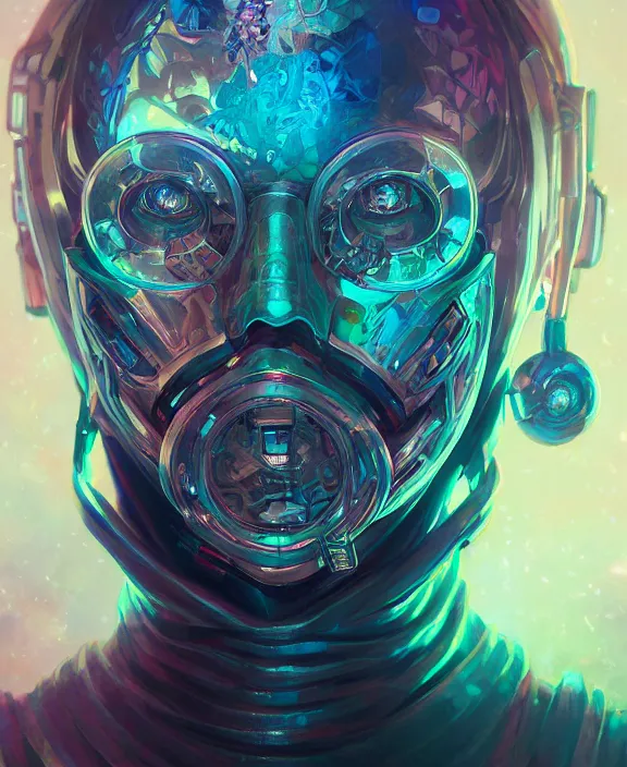 Image similar to portrait of a cyberpunk masked evil, half body, glowin eyes, d & d, fantasy, intricate, elegant, highly detailed, colorful, vivid color, digital painting, artstation, concept art, art by artgerm and greg rutkowski and alphonse mucha and ruan jia