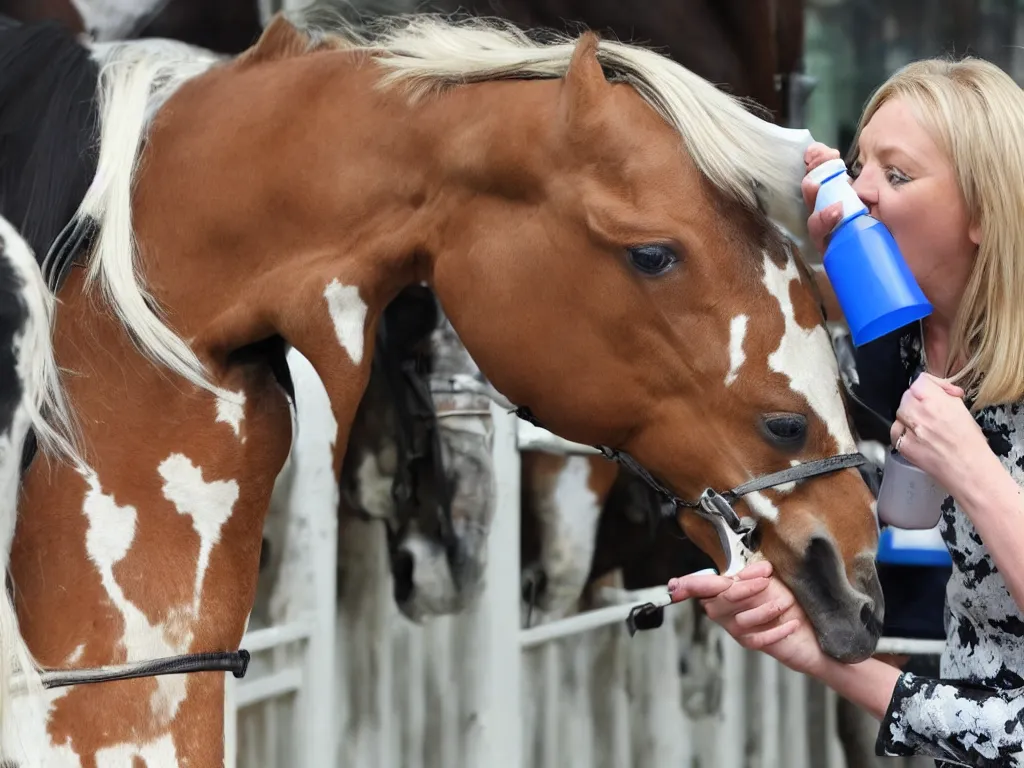 Prompt: liz truss drinking milk from the mouth of a horse