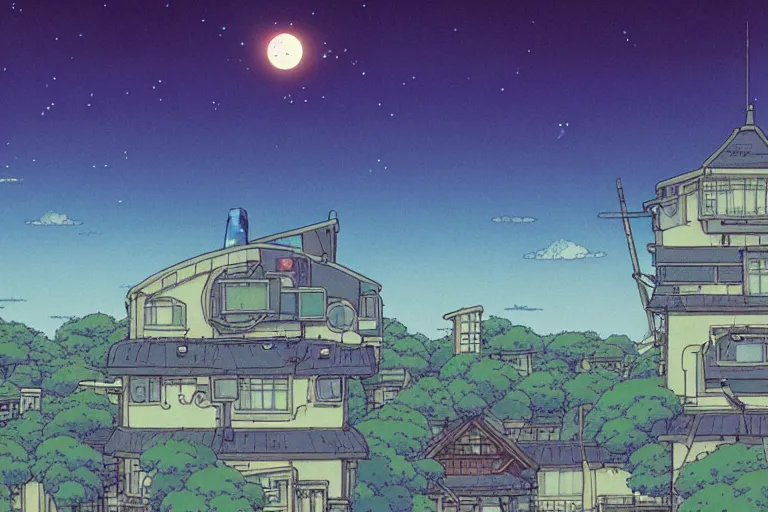 Image similar to a still from a studio ghibli film of an alien mothership opening up to show a day time sky, at night in the suburbs. full body, wide shot, very muted colors, post grunge, studio ghibli, laurie greasley, highly detailed, deviantart, art by artgem