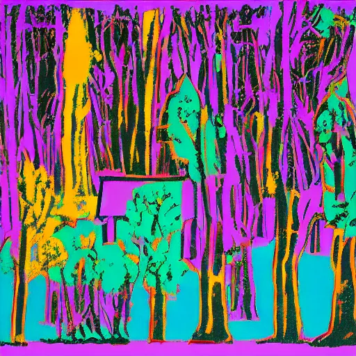 Image similar to an ancient village in a magical forest, painting by andy warhol