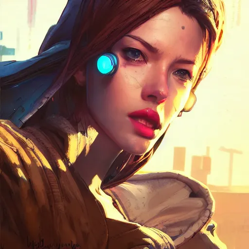 Image similar to concept art character, very high angle view, book cover, very attractive woman with full lips, walking in cyberpunk valley highly realistic, fine details, Anime, realistic shaded lighting by Ilya , WLOP Jeremy Lipkin and Giuseppe Dangelico Pino, Borderlands 3 style, book cover, extremely fine inking lines