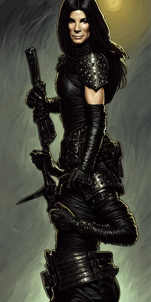 Image similar to portrait of sandra bullock as a thief wearing black leather armor and wielding a dagger in a dark alleyway, fantasy, intricate, elegant, highly detailed, digital painting, artstation, concept art, matte, sharp focus, illustration, art by travis charest and alphonse mucha