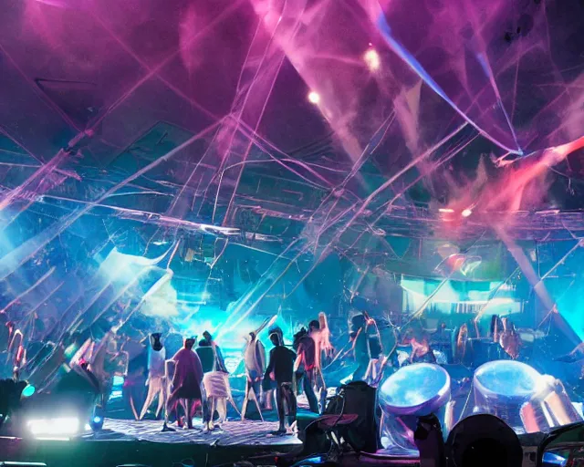 Image similar to Jumping Rumpelstilzchen smashing computers, group of people on stage playing instruments, aquatic stage effects, dust, smoke, giant LED screens, colored projections, ultrafine detail, cybersuit, smoke, high contrast, projections, holography, dimmed lighting, cinematography by Jim Jarmusch