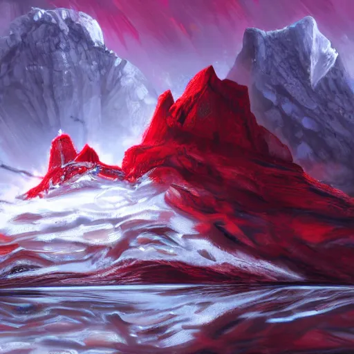 Image similar to Freelance illustration by Erica Rossi of a immense red citadel resting on an immense sheet of ice. December. Hue breaking and color management, concept art.