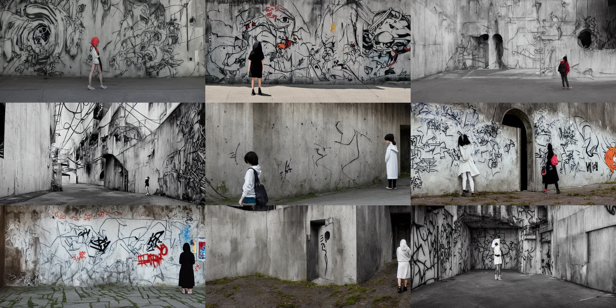 Prompt: ghibli, miyazaki movie scene, vanishing point, focal point, ultra wide, brutalist, white hoodie girl outside a large dark hole in the side of a concrete wall, overexposed, dappled light, sunlight, long dark shadows, black depths, posters, notices, graffiti, banners, junk, overgrown, spiderwebs