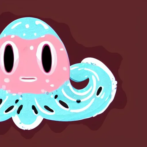 Image similar to a cute illustration of a smiling blobby squid jelly creature with three eyes, two horns on top of his head