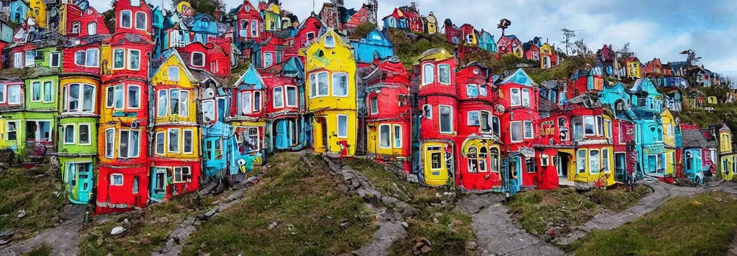 Image similar to quirky surreal naive terraced houses designed by alexander jansson, bright colors